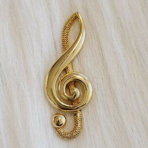 VINtage JJ Signed Treble Clef Music Note Pin Brooch Gold Tone Metal 7492‎